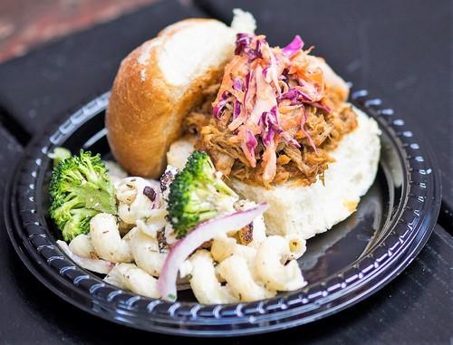 18 Milkboy Pulled Pork Sandwich topped with Homemade Slaw and Pasta Salad