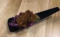 "The braised pork (one of many Proteins Available) over cabbage slaw accompanied by an eggplant dip that was on point and heavenly."