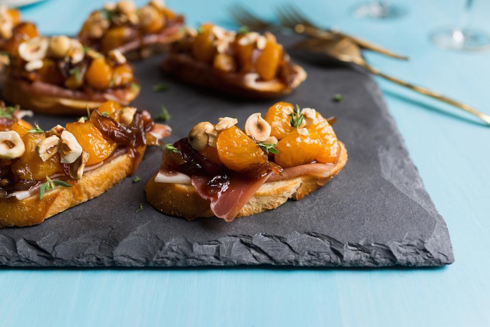 Mandarin Halos Prosciutto Bruschetta Bites