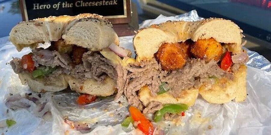 The Cheddar Cheese Ball Cheesesteak at Not Just Bagels