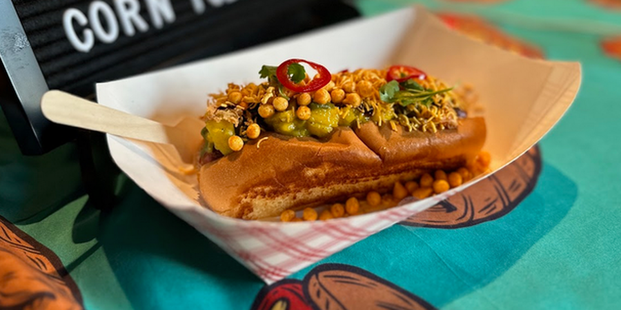 Chaat Dog: An all-beef hot dog on a ghee-toasted bun